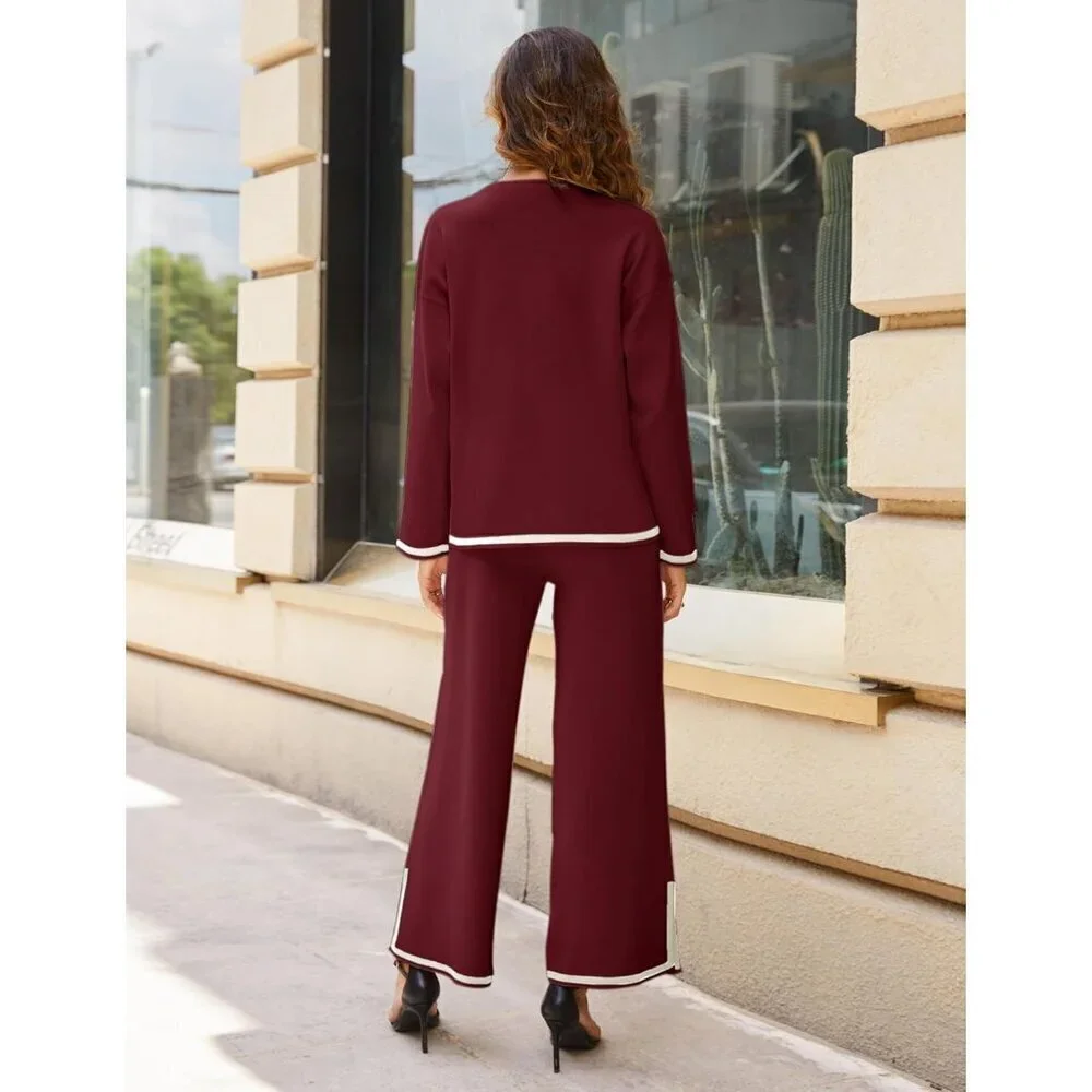 Women's Wine Red Long Sleeve Knit Sweater Top & Wide Leg Pants Lounge Set